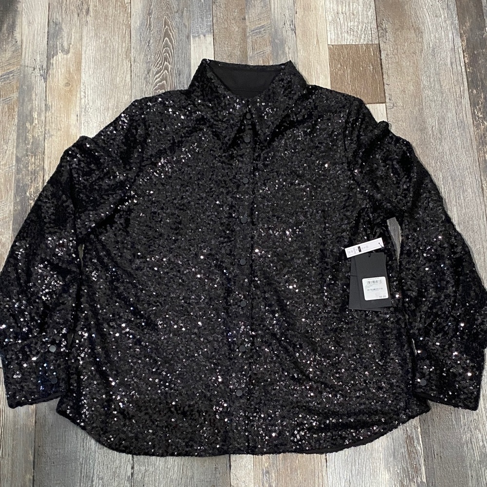 Halogen Black Sequin Button-Down Blouse NWT - image 2